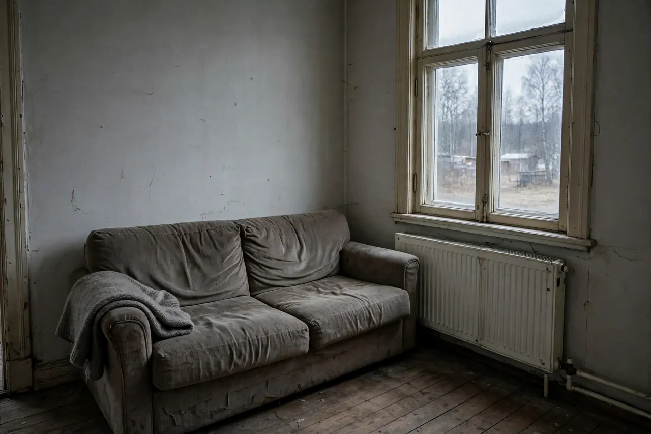 Olohuoneen nurkka ennen asennusta, vanha sähköpatteri ikkunan alla