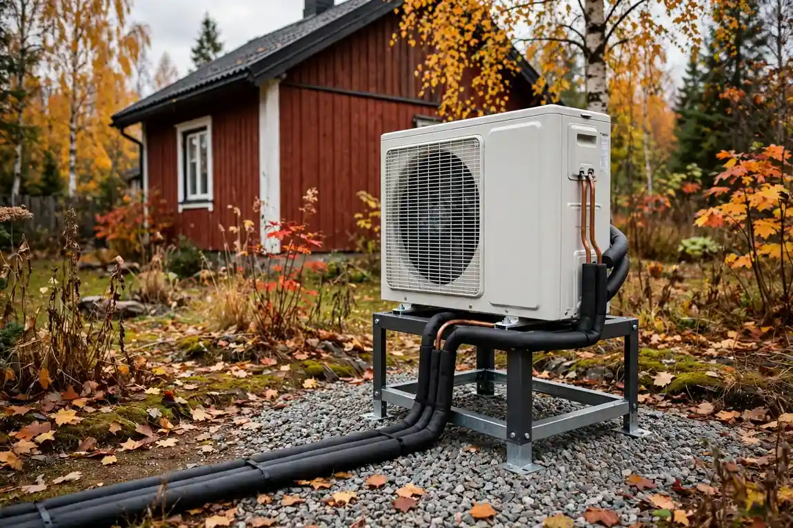 Ilmalämpöpumpun ulkoyksikkö maajalustalla omakotitalon pihalla syksyllä