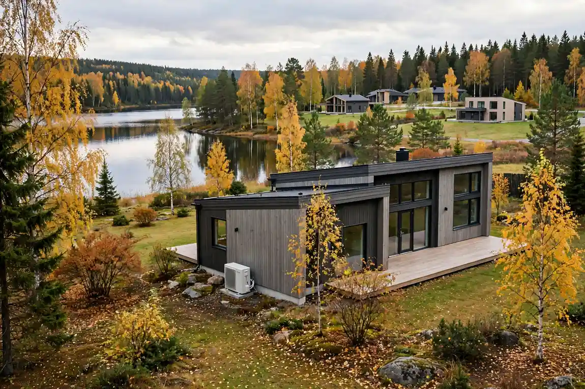 Espoolainen omakotitaloalue järven ja metsän äärellä syksyllä