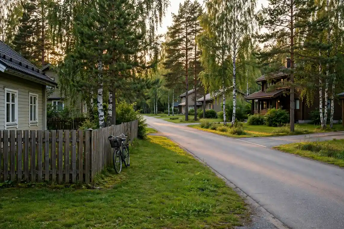 Rauhallinen omakotitalokatu Espoossa kesällä koivujen katveessa
