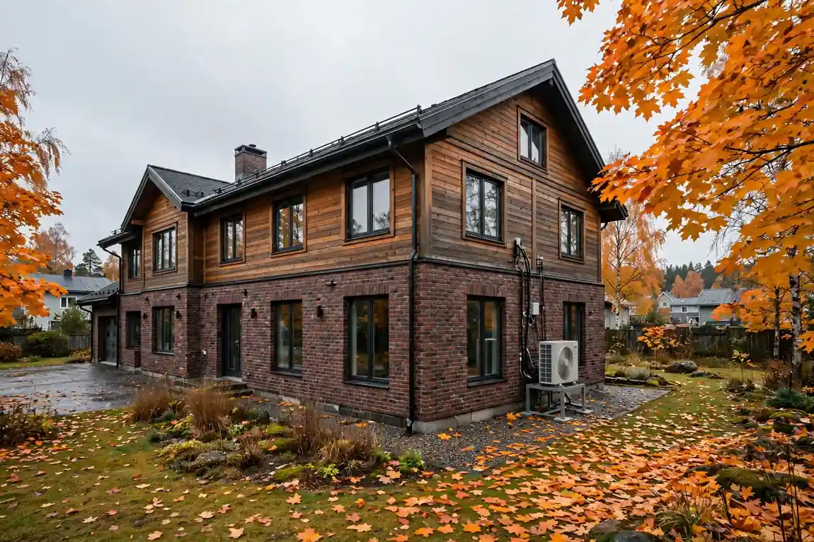 Suuri kaksikerroksinen omakotitalo Espoossa, ulkoyksikkö sivupihalla