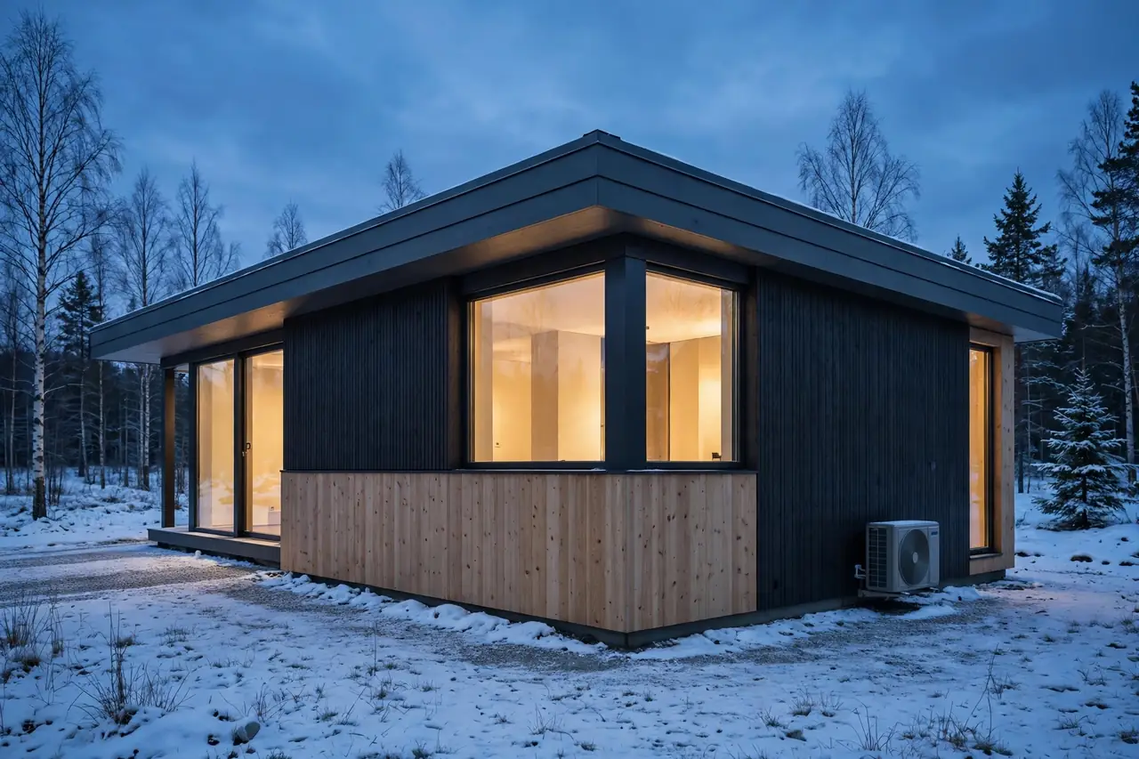 Moderni suomalainen talo hämärässä, lämpimät ikkunat