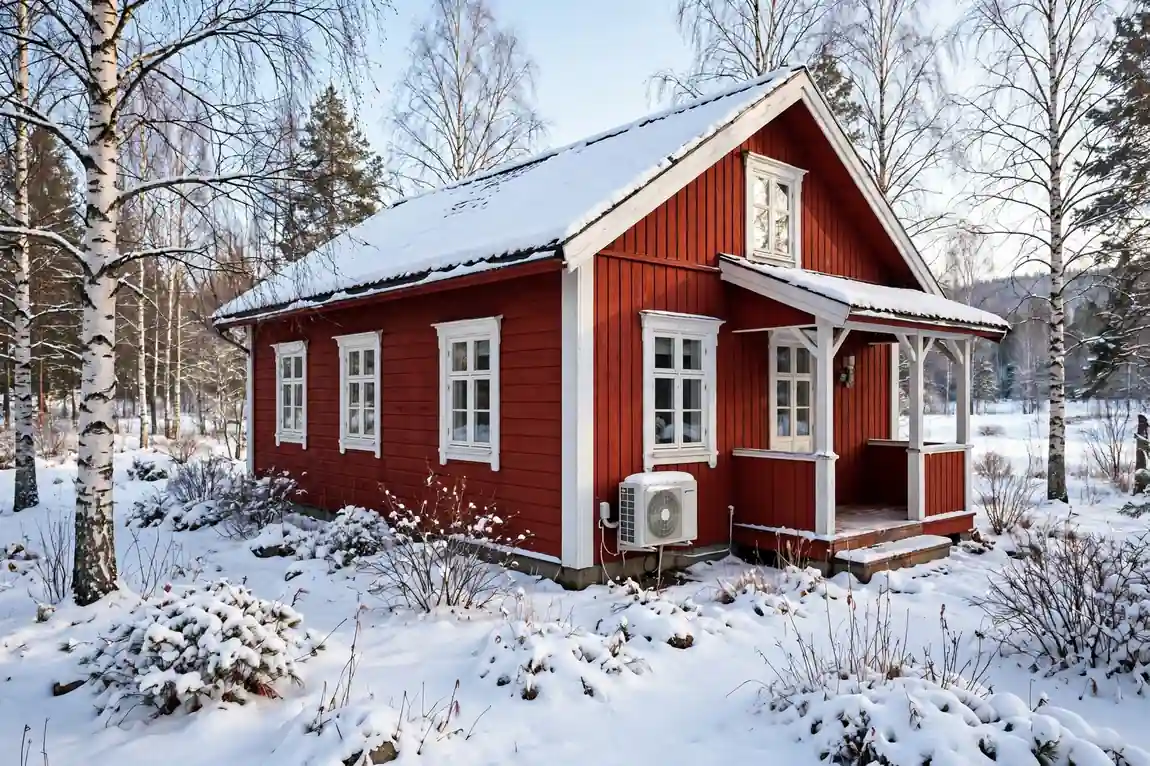 Perinteinen punainen puutalo talvella, ilmalämpöpumpun ulkoyksikkö kuistin vieressä