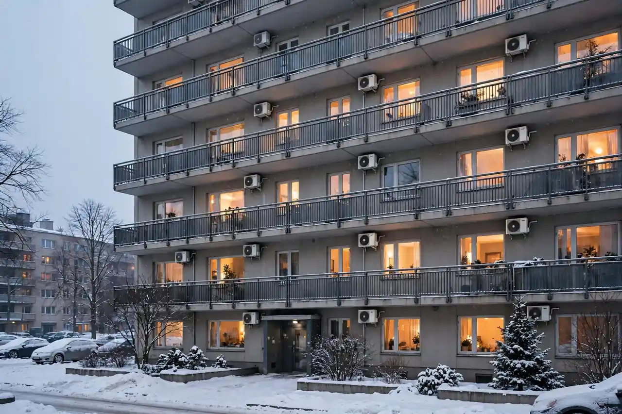 Helsinkiläinen kerrostalo talvella, parvekkeilla ulkoyksiköitä