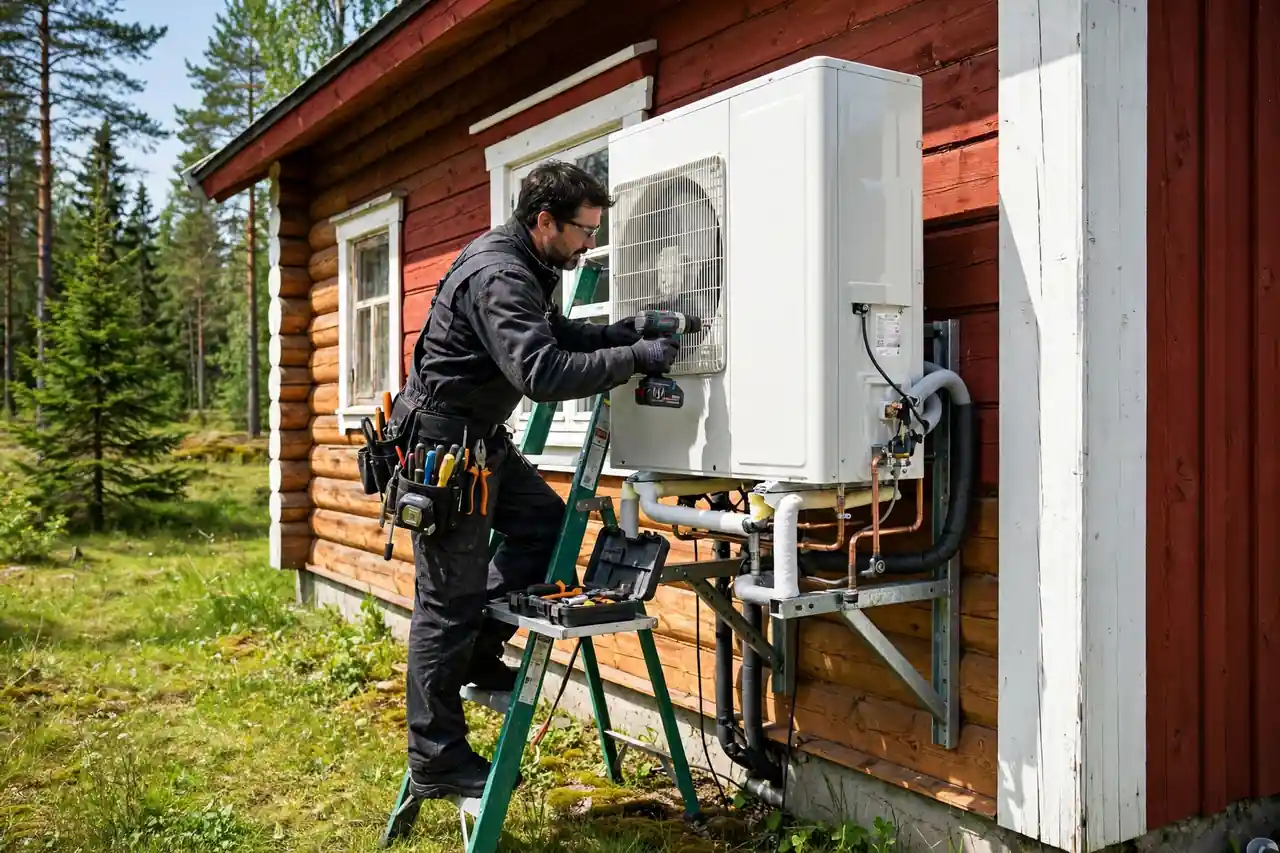 Asentaja asentaa ilmalämpöpumpun ulkoyksikköä omakotitalon seinälle kesällä