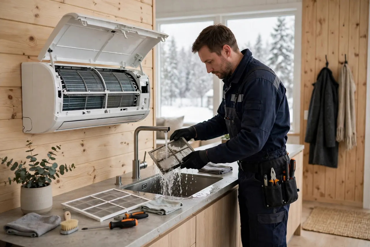 Asentaja irrottaa ja puhdistaa ilmalämpöpumpun suodattimia