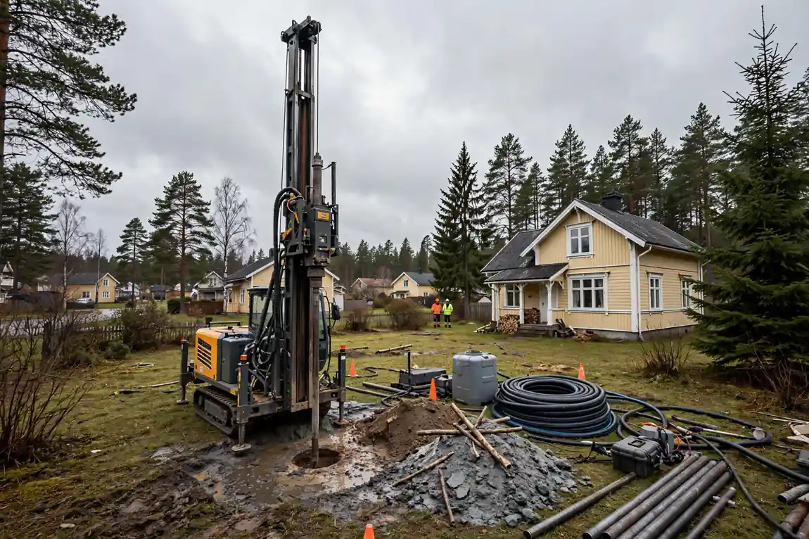 Energiakaivon poraus käynnissä omakotitalon pihalla pääkaupunkiseudulla