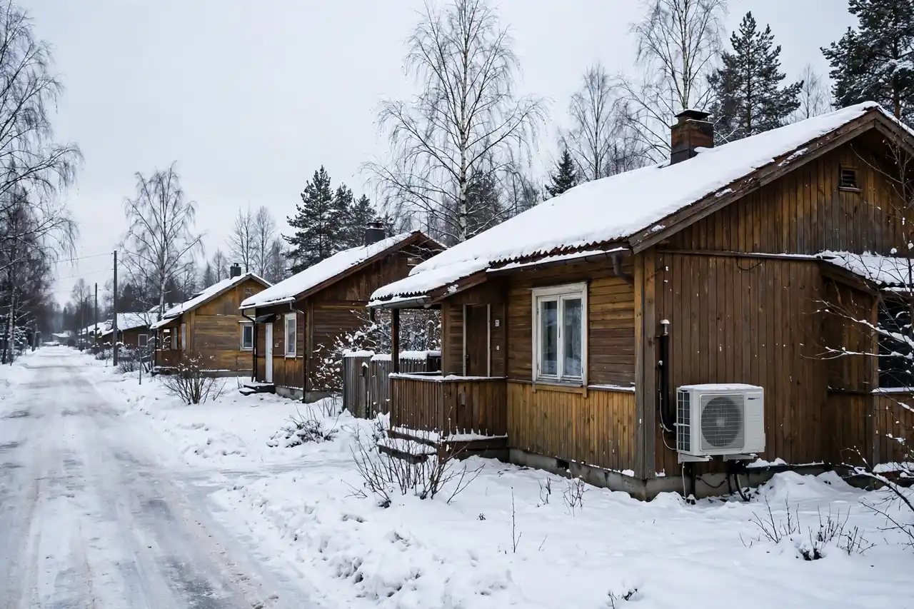 Vantaalainen omakotitalokatu talvella, taloissa ilmalämpöpumppuja
