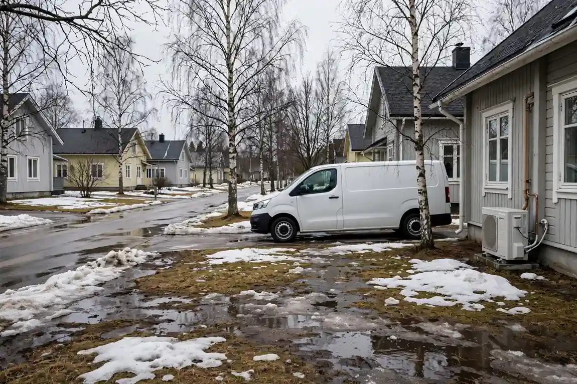 Yksittäistalo Vantaalla keväällä, huoltokäynti käynnissä